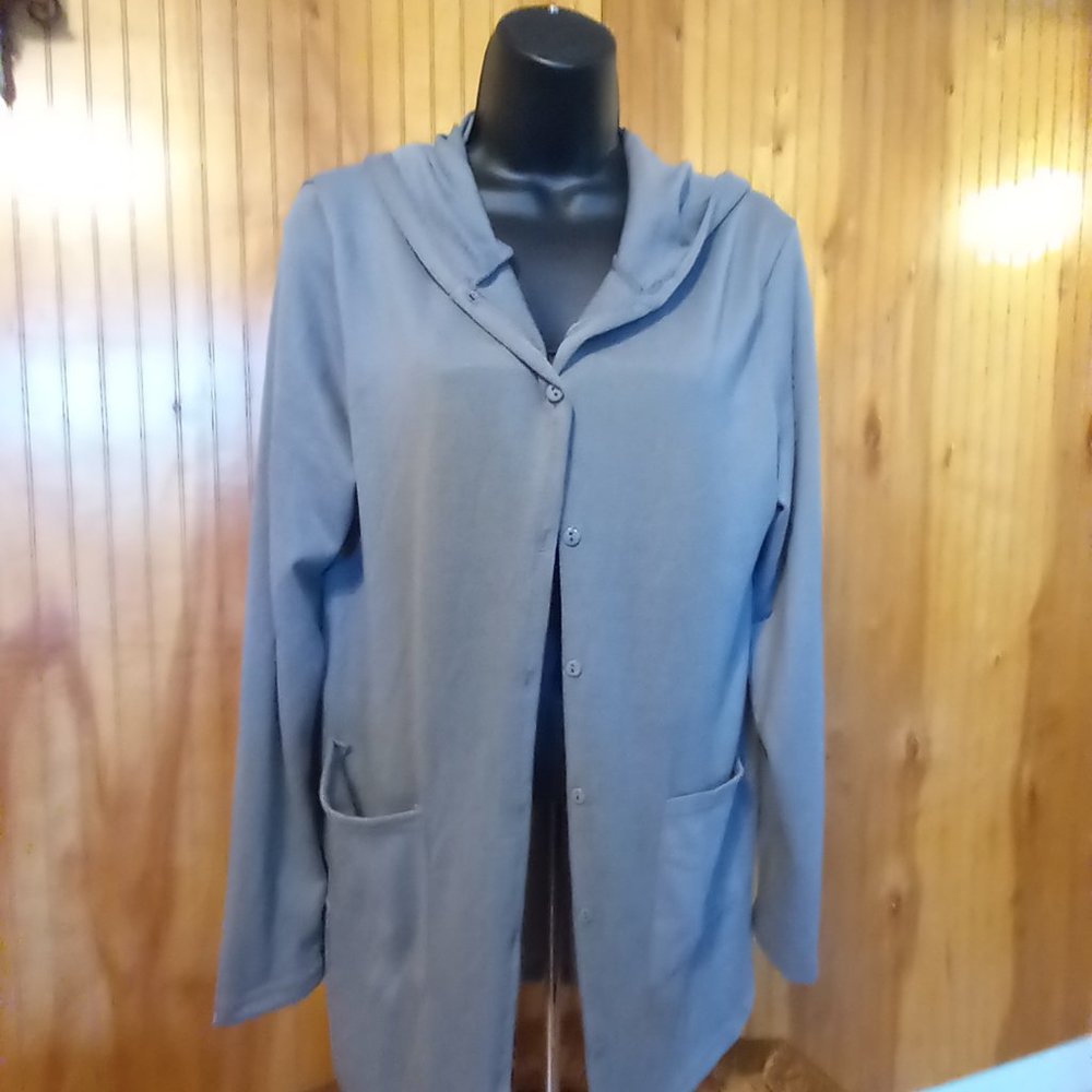 Hooded, button-up gray cardigan